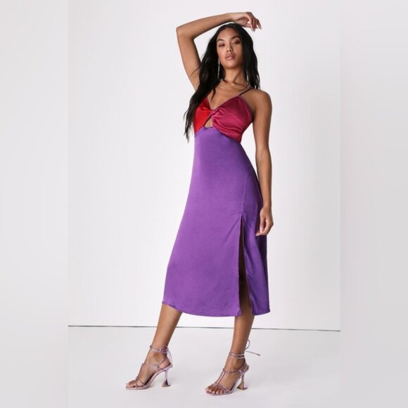 NWT Lulus Chic Combo Purple Color Block Satin Twist-Front Midi Dress D2936 Sz XS - Picture 1 of 14